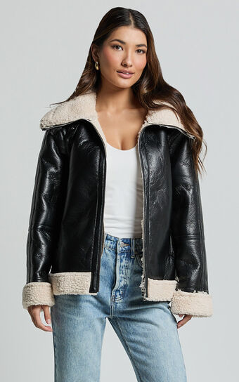 Willa Jacket - Faux Leather Shearling Aviator Jacket in Black