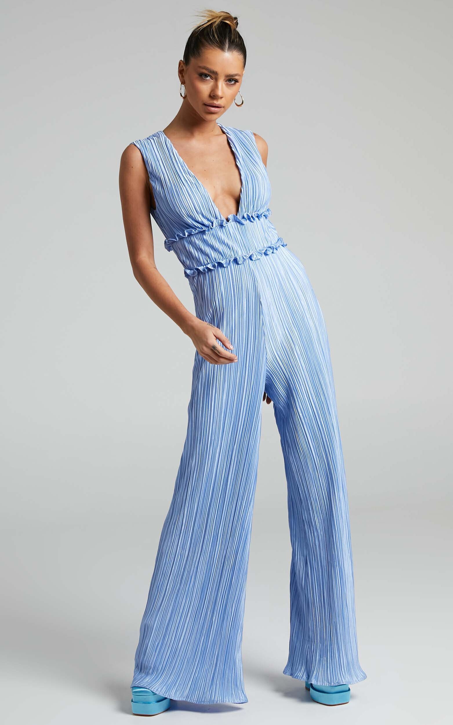 Armida Jumpsuit - Plunge Neck Wide Leg Plisse Jumpsuit in Cornflower Blue - 04, BLU2