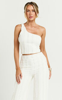 Almarie Top - One Shoulder Textured Crop Top in Off White