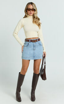 Natalie Top - Long Sleeve Roll Neck Knitted Top in Cream