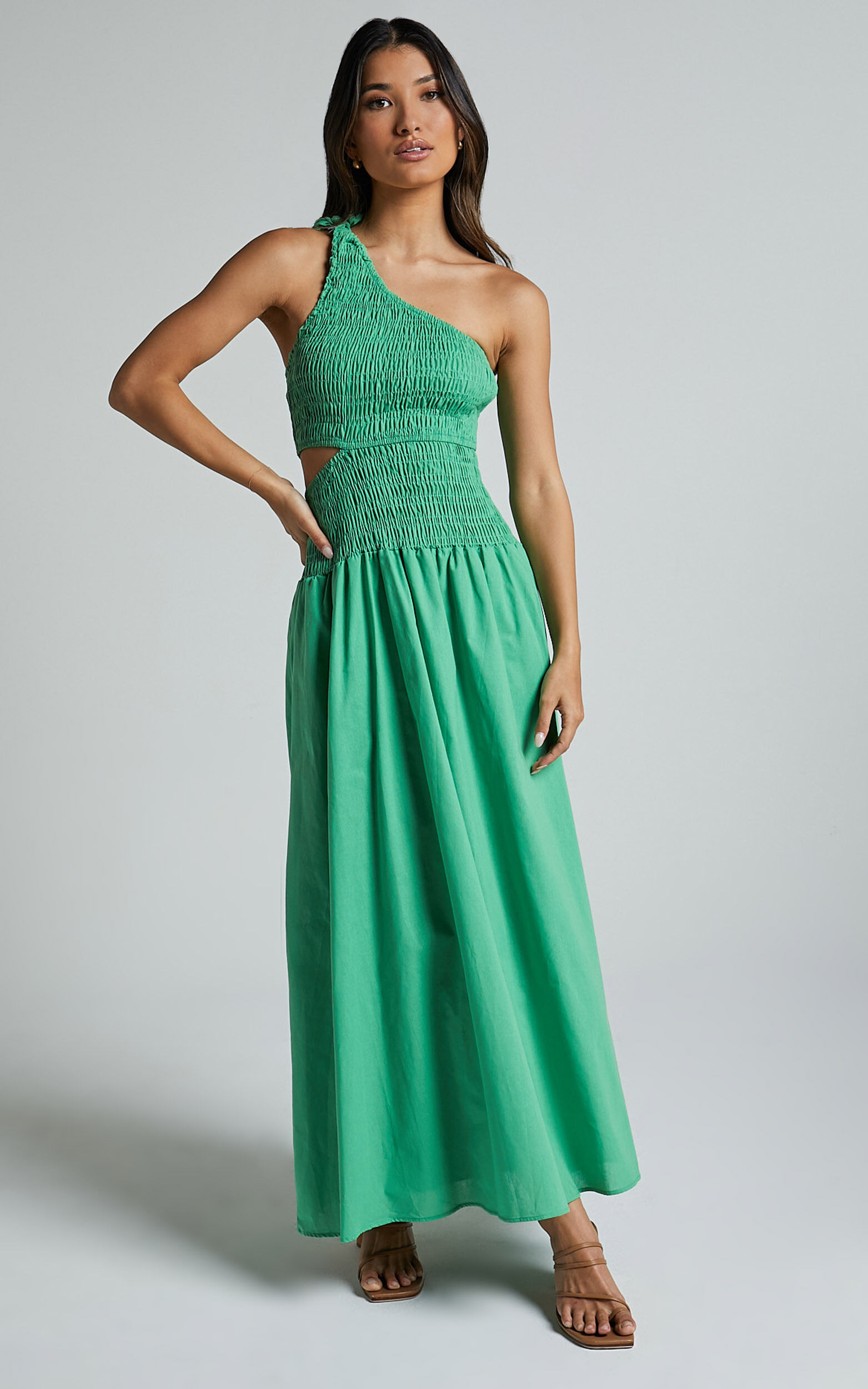 Larose Midi Dress - One Shoulder Tie Side Cut Out Dress Fit and Flare Dress in Green - 06, GRN1