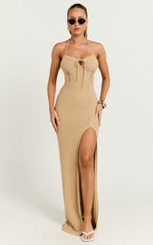 Venus Maxi Dress - Crochet Knit Halter Bodycon Dress in Beige | Showpo