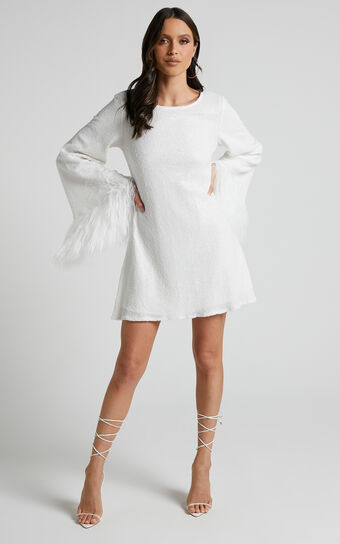 Rowella Faux Feather Bell Sleeve Mini Dress in White Showpo Australia