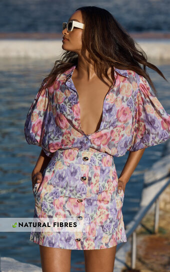 Amalie The Label - Cosette Linen Blend High Waisted Button Through A Line Skirt in Aurora Floral