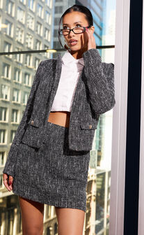 Olympia Jacket - Long Sleeve Boucle Jacket in Black