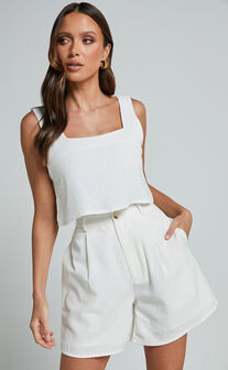 Jhovie Top - Linen Look Crop Top in White