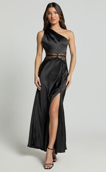 Estella Midi Dress - Asymmetrical Lace Detail Waist Slip Dress in Black