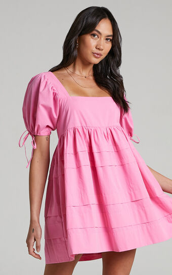 Eleua Mini Dress - Pintuck Short Puff Sleeve Dress in Pink