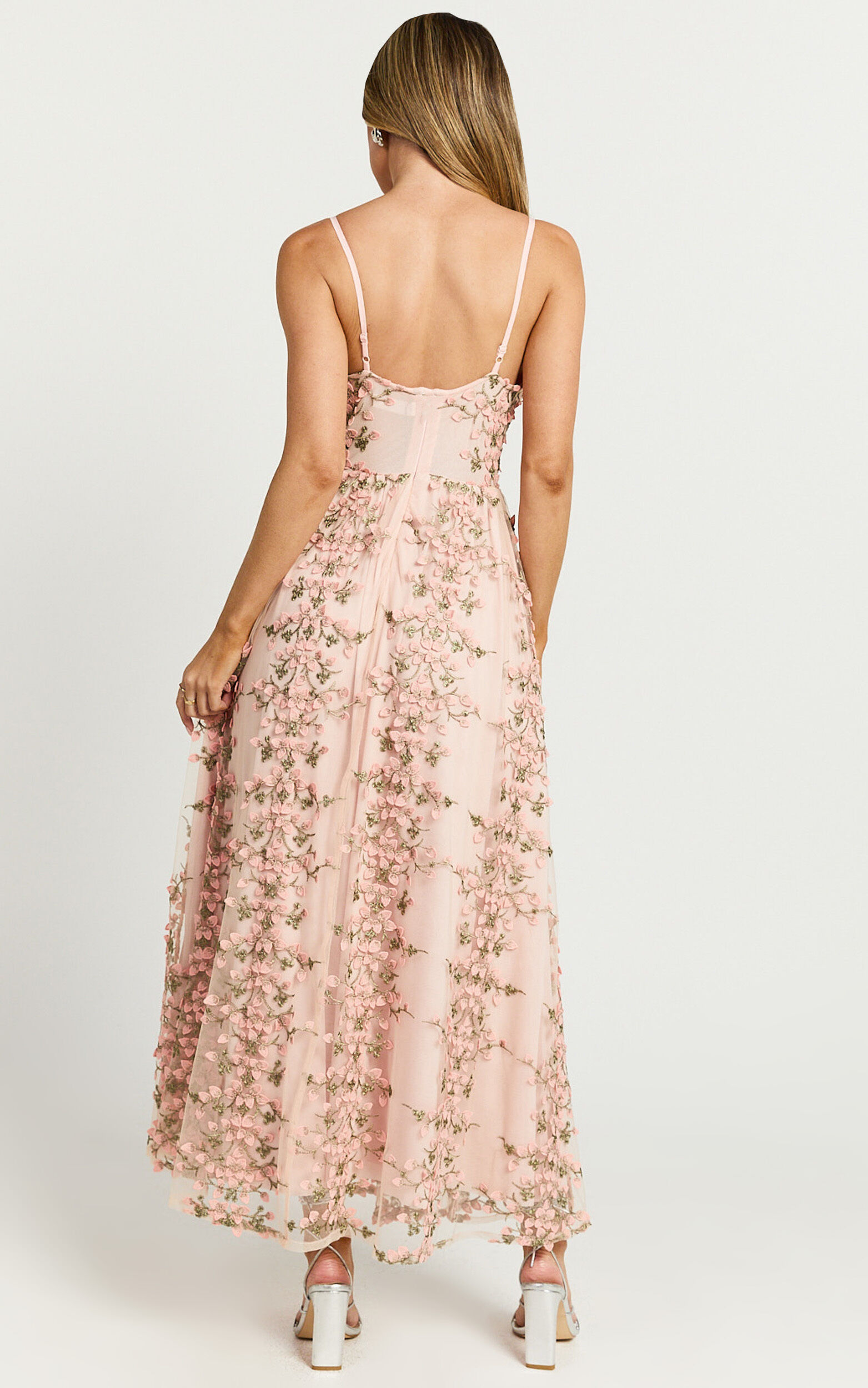 Amalie The Label Lou V Neck Embroidered Tulle Maxi Dress in Blush Showpo