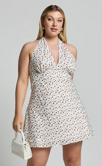 Emmett Mini Dress - Tie Halter Neck Low Back Dress in White Floral