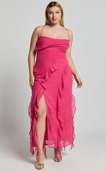 Connie Midi Dress- Ruffle Detail Dress in Hot Pink