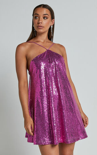 Eritha Mini Dress - Diamond Neck Slip Dress in Hot Pink