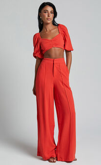 Aleydise Two Piece Set - Puff Sleeve Gathered Crop Top and Pants Set in Burnt Orange