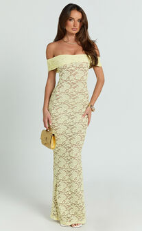Nalani Maxi Dress - Lace Off Shoulder Column Bodycon Dress in Lemon