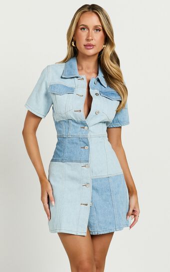Gladys Mini Dress - Short Sleeve Patchwork Denim Dress in Multi