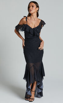 Artemisia Maxi Skirt - Frill Detail Sheer High Low Skirt in Black Polka