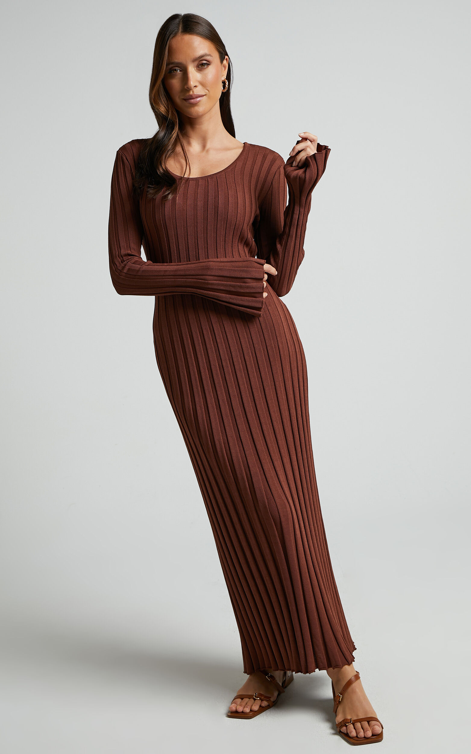 Blaire Midi Dress - Long Sleeve Tie Back Flare Dress in Chocolate ...