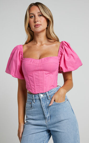 Estella Top - Puff Sleeve Corset Bustier Top in Pink