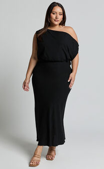 Jacqueline Midi Dress - Linen One Shoulder Dress in Black