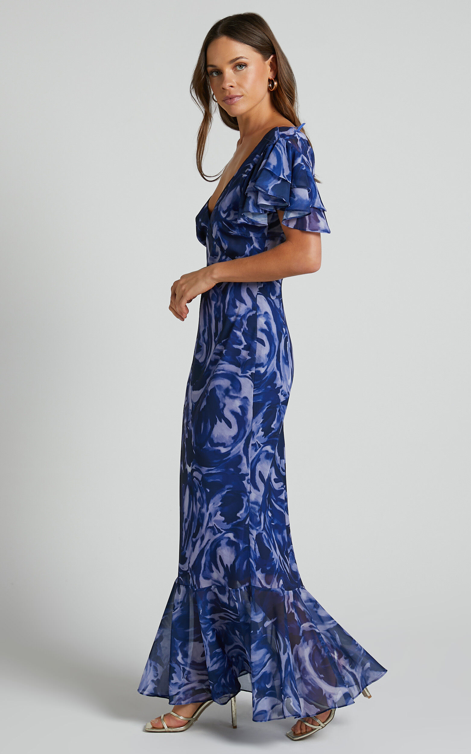 Dylana Midi Dress V Neck Flutter Sleeve Dress in Navy Swirl Showpo USA