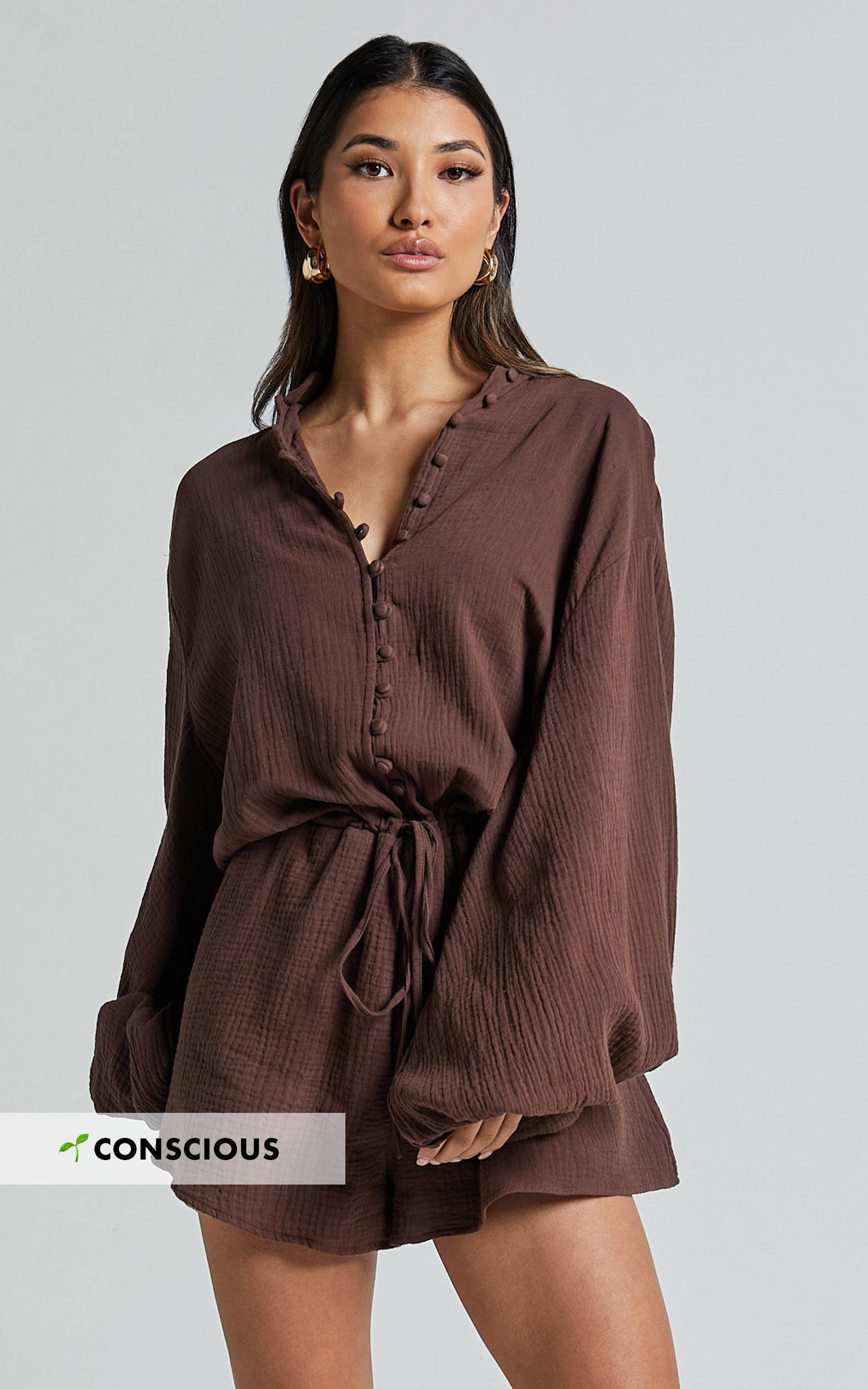 Laylani Playsuit - V Neck Puff Sleeve in Chocolate - 06, BRN1