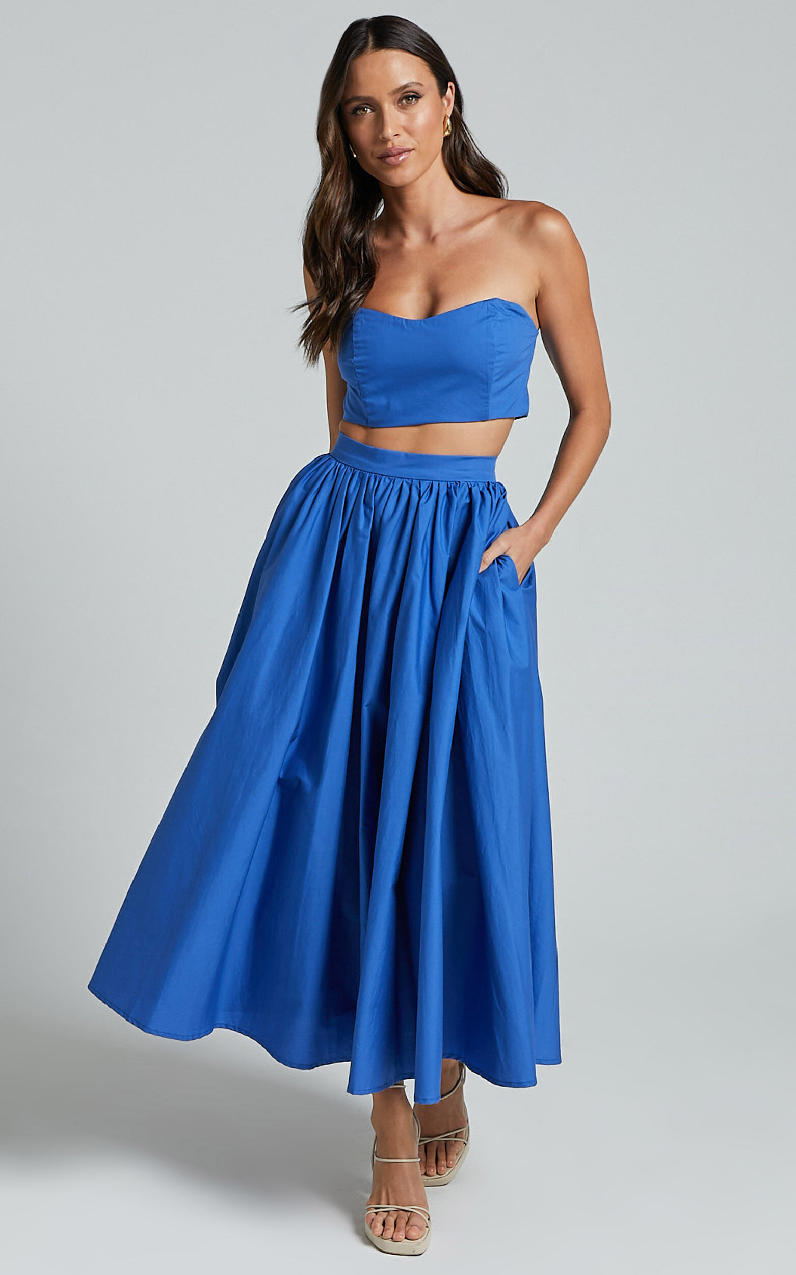 Olympia Two Piece Set Strapless Corset Top and Full Midi Skirt Set in Cobalt Blue Showpo EU