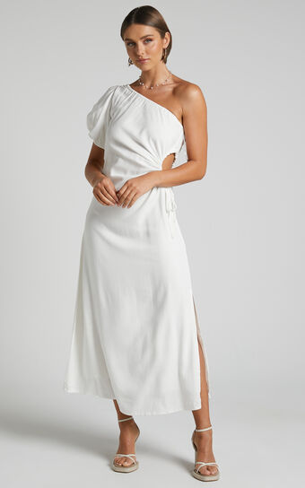 Victoria Midi Dress - Linen One Shoulder Puff Sleeve Cut Out Dress in White