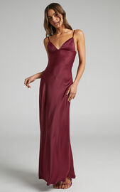 Cariela Midi Dress - Plunge Neck Satin Dress in Wine | Showpo USA