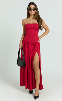 Harlee Maxi Dress - Strapless Drop Waist Knit Bodice Full Gathered Skirt Dress in Red