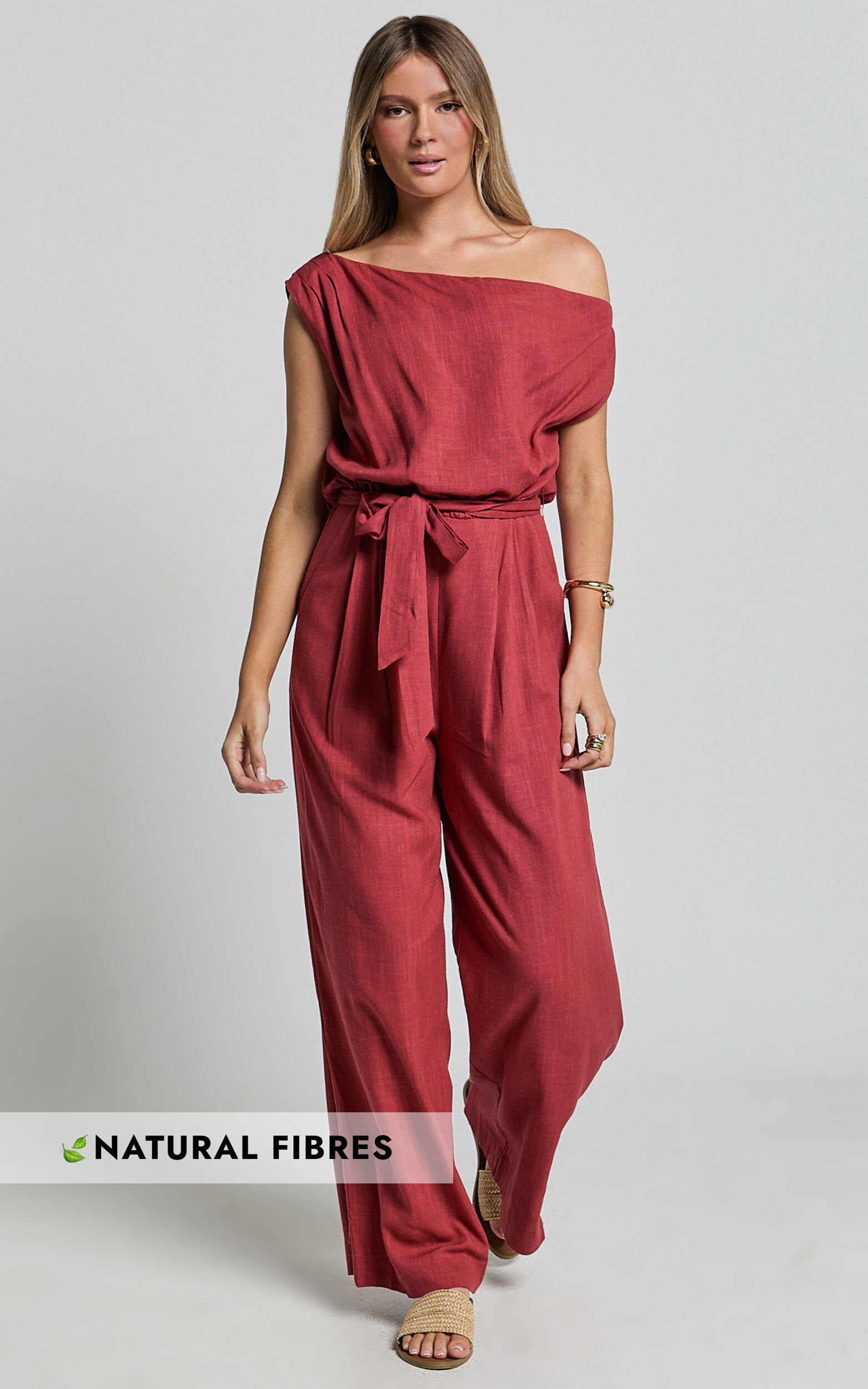 Adria Jumpsuit Asymmetrical Short Sleeve Linen Look Jumpsuit in Clay Showpo USA