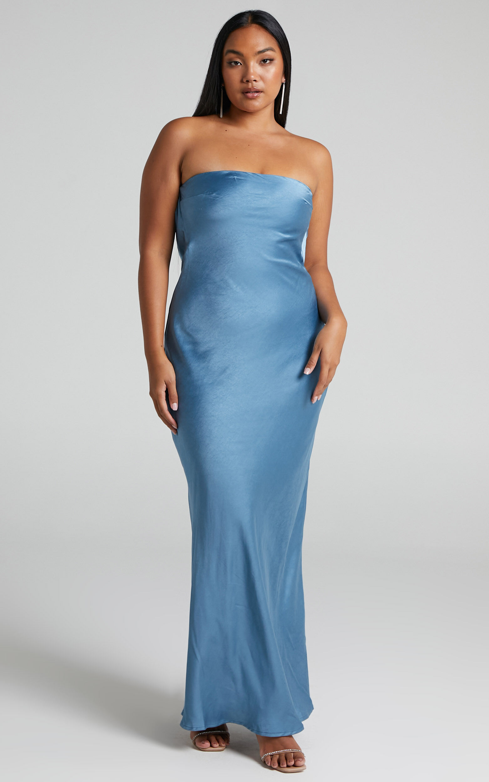 Charlita Maxi Dress Cowl in Showpo Back Strapless USA | Blue Dress Satin - Steel