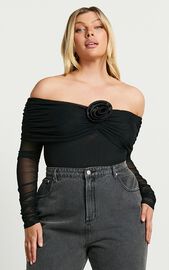 Seraphina Bodysuit - Off Shoulder Long Sleeve Detachable Rosette Mesh ...