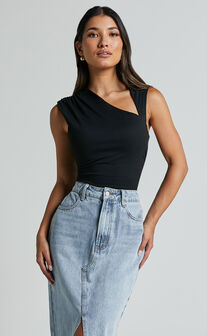 Inessa Top - Sleeveless Asymmetrical Neck Top in Black