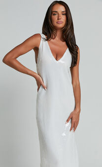 Rosa Midi Dress - Low Back Sequin Dress in White