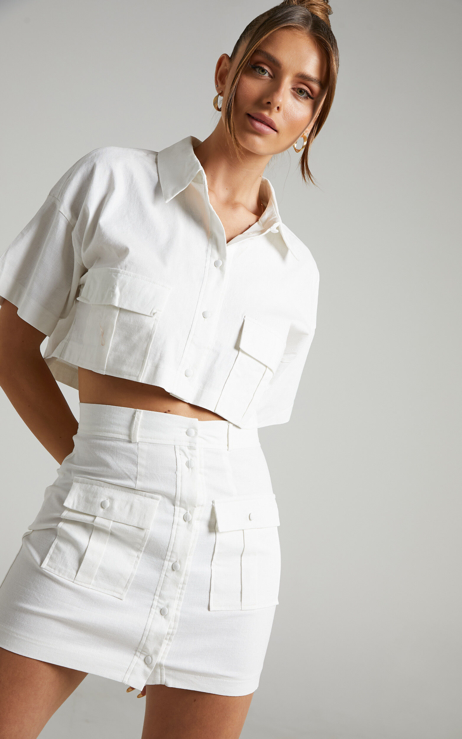 Navine Two Piece Set Button Front Crop Top and Cargo Pocket Mini Skirt Set in White