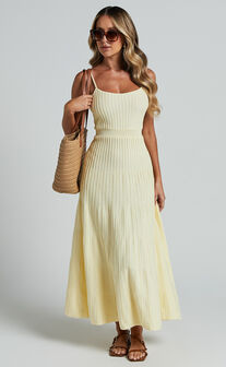 Donissa Midi Dress - Panelled Knit Dress in Butter Yellow