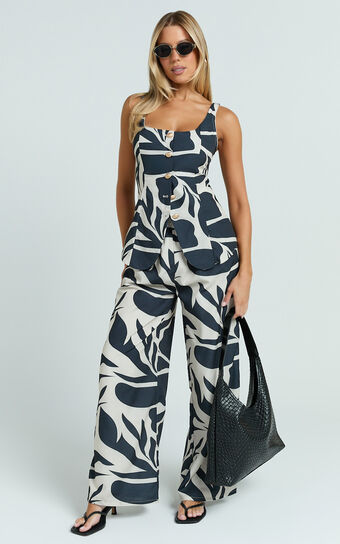 Gail Two Piece Set - Abstract Mono Print Button Down Vest and Wide Leg Pants Set in Multi