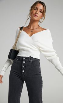 Petra Top - Long Sleeve Wrap Ribbed Knit Top in Cream