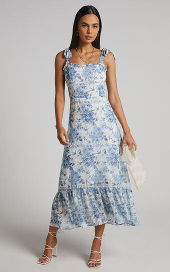 Hannah Midi Dress - Tie Strap Ruffle Hem Dress in Blue Floral