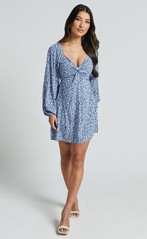 Ellison Mini Dress - 3/4 Sleeve Twist Bodice Dress in Blue Floral