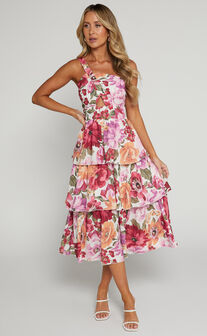 Caro Midi Dress - One Shoulder Tiered Dress in Spring Floral