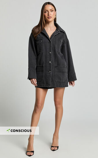 Harlow Jacket - Oversized Long Sleeve Denim Jacket in Black Wash