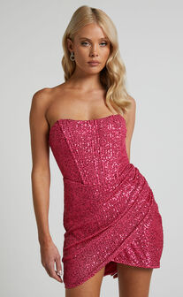 Akhira Mini Dress - Corset Detail Strapless Sequin Dress in Pink