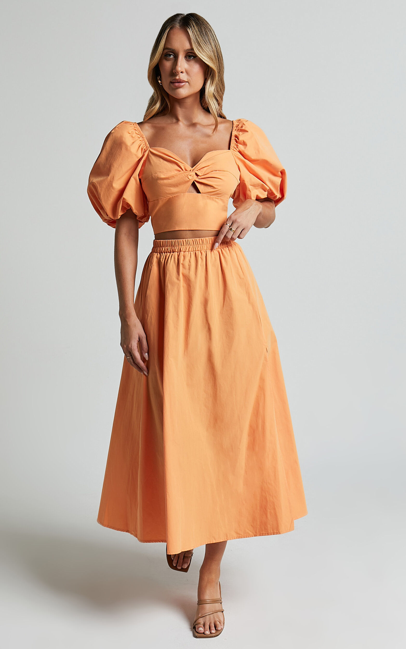 Alpha Two Piece Set - Linen Puff Sleeve Twist Bodice Top Midi Skirt in Sherbert - 06, ORG1
