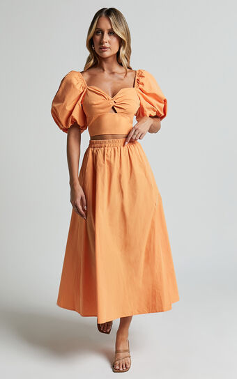 Alpha Two Piece Set - Linen Puff Sleeve Twist Bodice Top Midi Skirt in Sherbert