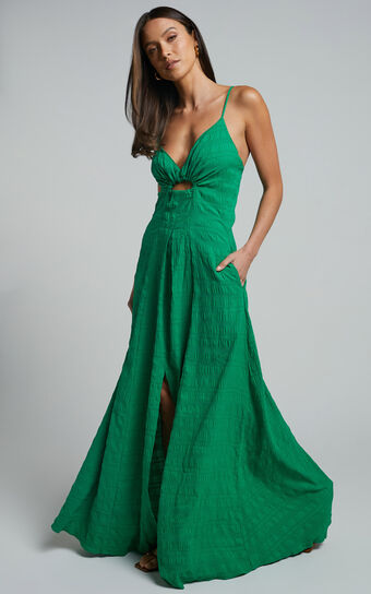 Marisse Maxi Dress - Cut Out Front Split Cross Back Textured Dress in Green