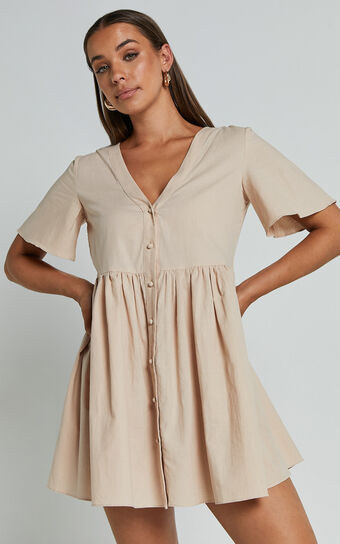Staycation Mini Dress - Smock Button Up Dress in Beige