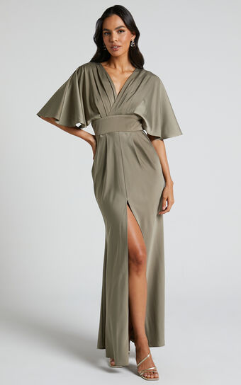 Gemalyn Midi Dress - Angel Sleeve V Neck Split Dress in Olive Showpo