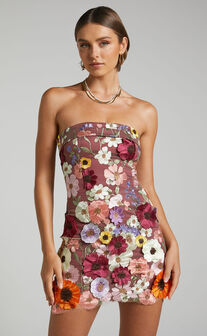 Wren Mini Dress - Strapless Bodycon Garden Flowers Dress in Burgundy