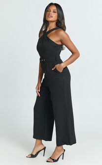 Tracy Jumpsuit - Diamond Neck Belted Straight Leg Jumpsuit in Black